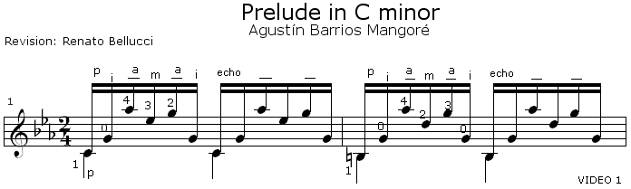 Barrios Mangor Agustin Prelude in C minor TAB Staff TAB and Video 1